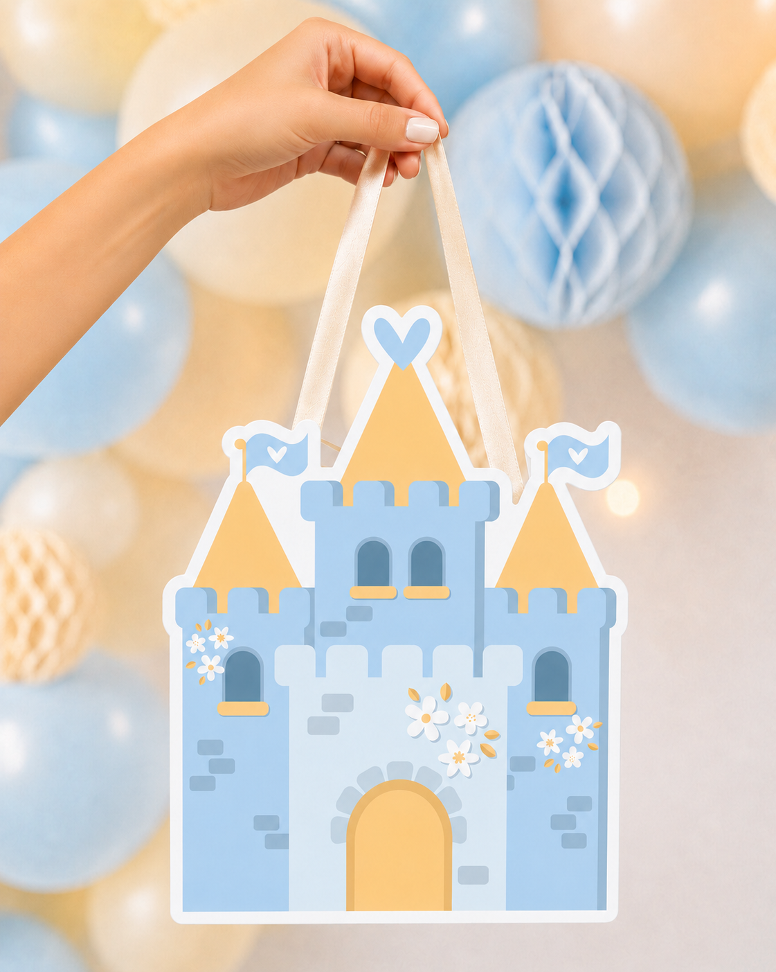Sacolinha modelo castelo em tons de azul e amarelo