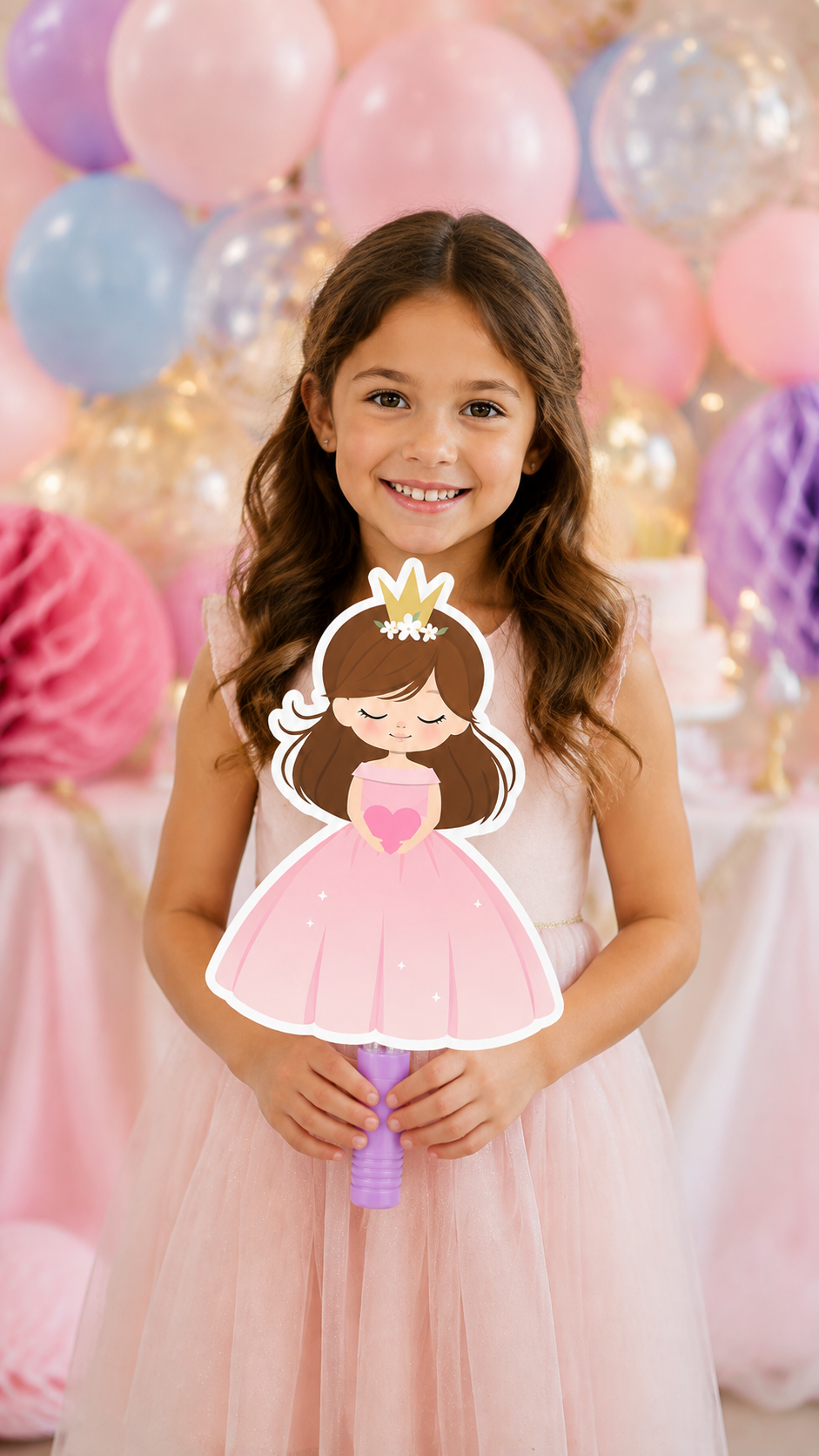 Menina segurando lembrancinha modelo princesa